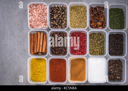 All spices in boxes from above. Stock Photo