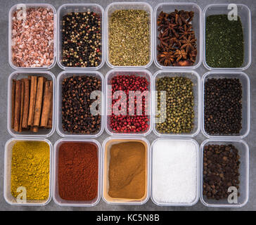 All spices in boxes from above. Stock Photo