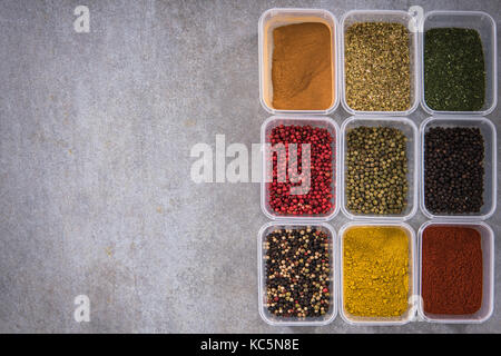All spices in boxes from above. Stock Photo