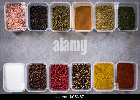 All spices in boxes from above. Stock Photo