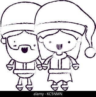santa claus couple cartoon full body man wink eye and woman expression blurred silhouette on white background Stock Vector