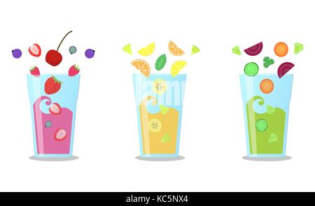 Vector icons set of smoothies with different flavours. Wellness and healthy lifestyle. Stock Vector