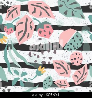 Seamless Pattern with plants and strawberry. Vector Illustration. Stock Vector