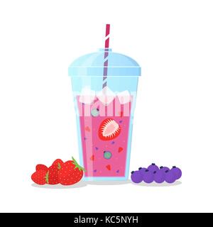 Berries mix smoothie vector illustration. Smoothie in a jug and a glass with a straw Wellness and healthy lifestyle. Stock Vector