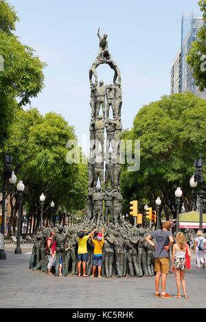 TARRAGONA, SPAIN. JULY 15, 2017: Castellers sculpture in the middle of La Rambla of Tarragona, a touristic zone in the coast of Catalonia, Spain Stock Photo