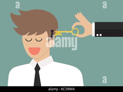 Man holding a key unlocking businessman mind. Vector illustration Stock Vector