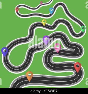 Map of Road Trip with Colorful Markers Stock Vector