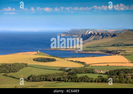 The Clavell Tower and Kimmeridge Bay captured from a high vantage point. Stock Photo