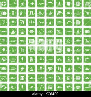 100 water recreation icons set grunge green Stock Vector