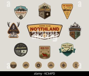 Traveling, outdoor badge collection. Scout camp emblem set and hiking stickers, icons. Vintage hand drawn design. Stock vector illustration, insignias, rustic patches. Isolated on white background Stock Vector