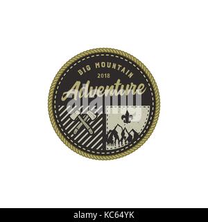 Traveling, outdoor badge. Big mountain adventure camp emblem. Vintage hand drawn design. Retro colors palette. Stock vector illustration, insignia, rustic patch. Isolated on white background Stock Vector