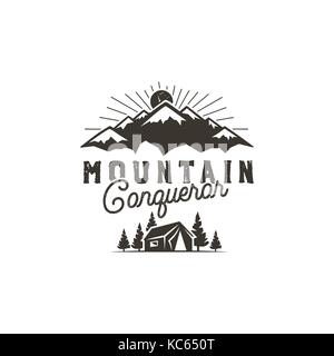 Traveling, outdoor badge. Scout camp emblem. Vintage hand drawn monochrome design. Mountain conqueror quote. Stock vector illustration, insignia, rustic patch. Isolated on white background Stock Vector