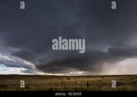 Supercell thunderstorm with tornado and dark storm clouds over a field near Belen, New Mexico Stock Photo