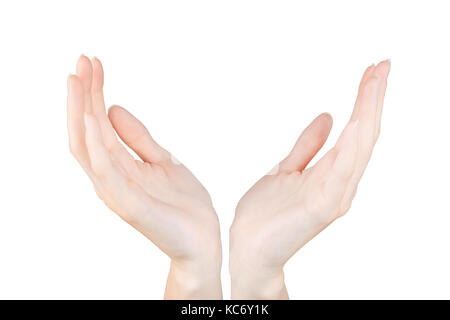 Two woman hands holding or protecting something. Isolated on white, clipping path included Stock Photo