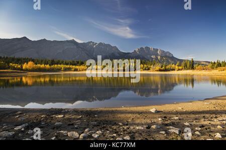 Middle Lake Autumn Panoramic Landscape and Fall Colors Change in Bow Valley Provincial Park, Alberta Foothills Stock Photo