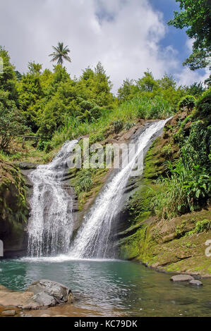 First waterfall cascades for 35 feet at Concord Falls, Gouyave, Grenada. Stock Photo