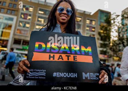 New York, United States. 02nd Oct, 2017. Gays Against Guns organized a rally and march from Union Square Park to Times Square on October 2, 2017; in response to? ?the? ?Las? ?Vegas? ?massacre, hundreds marched raising their voices to declare that gun violence is an epidemic, gun violence is a public health crisis, gun violence is curable and it is not acceptable that americans are getting slaughtered as a result of gun violence. Credit: Erik McGregor/Pacific Press/Alamy Live News Stock Photo