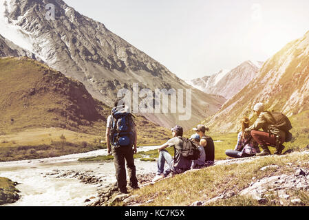 Big group of people travel expedition mountains Stock Photo