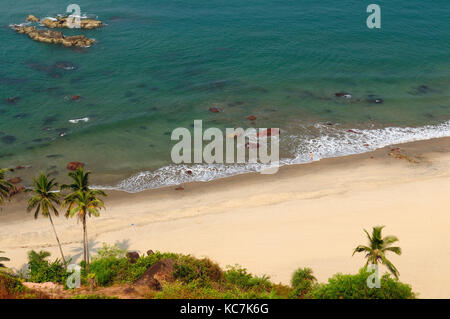 Sand tropical beach with coconut trees and traditional boat - Arambol beach, Goa, India Stock Photo