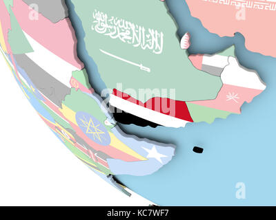 Yemen on bright political globe with embedded flag. 3D illustration ...
