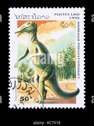 Postage stamp from Laos depicting a Trachodon Stock Photo
