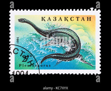 Postage stamp from Kazakhstan depicting a plesiosaurus Stock Photo