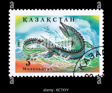 Postage stamp from Kazakhstan depicting a mosasaurus Stock Photo
