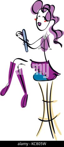 Doodle stickman illustration concept. Beauty cyber-girl on a stool making manicure. Vector image. Stock Vector