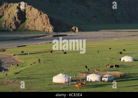 Village of Yurts in Mongolian Steppe Stock Photo