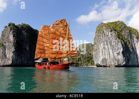 CAT BA, VIETNAM, October 27, 2016 : Traditional junk sails in Cat Ba Archipelago, the southeastern edge of Ha Long Bay. Stock Photo