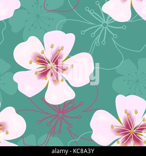 Wallpaper simple cute seamless pattern. Vintage Pink flowers on green. Stock Vector