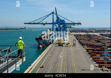 Fos-sur-Mer (south-eastern France). 2015/04/24. Or carrier terminal of Marseille-Fos Port. Danish container ship 'Maersk Newport' alongside the quay.  Stock Photo