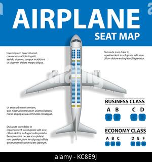 Banner, poster, flyer with Airplane Seat Map. Plane Business and Economy Class and Place for Text. Vector illustration Stock Vector