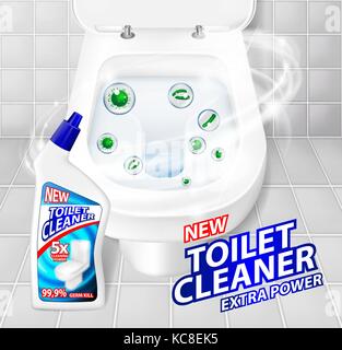 Toilet cleaner gel banner ads. Realistic clean shiny toilet bowl top view with disinfectant container. Vector Illustration Stock Vector