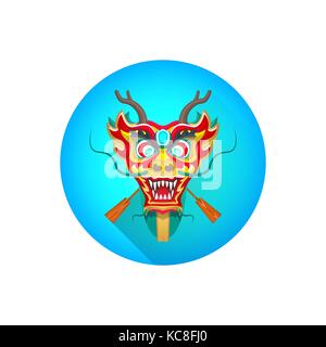 vector colorful traditional Chinese dragon boat with paddles illustration flat shadow design blue circle background Stock Vector