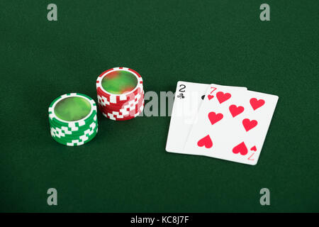 Close-up Of Cards And Chips For Poker On Green Table Stock Photo