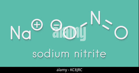 Sodium nitrite, chemical structure. Nitrite salts are used in the curing of meat. Skeletal formula. Stock Photo