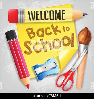 Welcome Back to School with School Supplies and a Piece of Yellow Paper in a Background. Vector Illustration Stock Vector