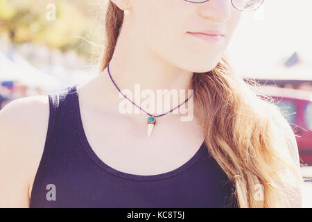 Hand made necklace on female neck Stock Photo