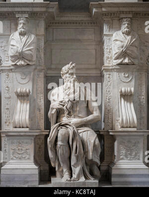 Rome. Italy. Sculpture of Moses by Michelangelo on the Tomb of Pope Julius II, Basilica di San Pietro in Vincoli.  Moses sculpture (ca. 1513-1516) by  Stock Photo