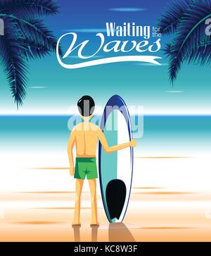 Seascape with Man Surfer Holding Blue Surfboard Wearing Swimming Trunks Looking at the Beach Waiting for the Waves Stock Vector