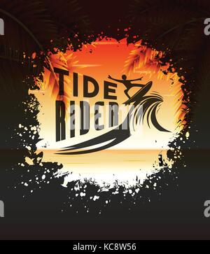 Tide Rider Design Concept for Summer Surfing in a Round Splatter Vector Illustration with Seascape Background Stock Vector