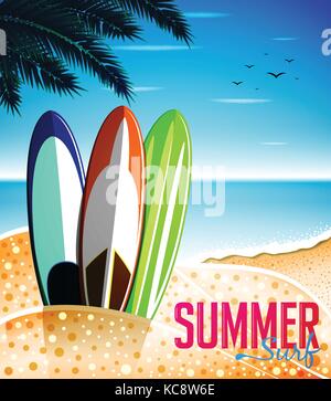 Summer Surf at the Beach Design with Three Beautiful Designed Surfboards. Vector Illustrations Stock Vector