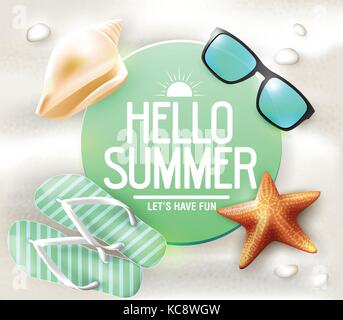 Hello Summer Greeting on Circle Tag Laying in The Sand with Sunglass and Star Fish Vector Illustration Stock Vector