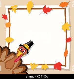 vector happy thanksgiving day card. turkey cartoon for sale banner. eps10 holiday background border illustration decorated with colorful autumn leaves Stock Vector