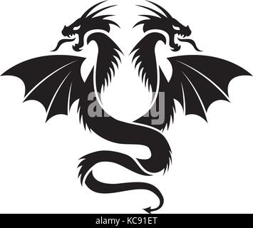 vector icon of flying two headed dragon, black and white logo illustration, chinese art Stock Vector