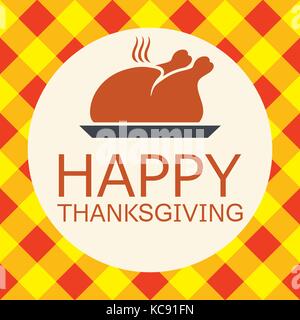 vector cooked turkey for happy thanksgiving day card. symbol of prepared turkey bird on checkered autumn background Stock Vector