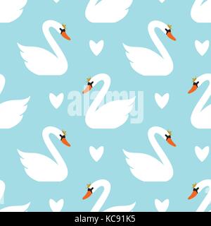 vector seamless swan pattern. white swans on blue background Stock Vector