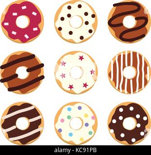 vector modern flat style icons of glazed colorful donuts with glaze, chocolate and sprinkles, isolated doughnuts on white background. simple donut ico Stock Vector