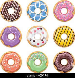 vector modern flat style icons of glazed colorful donuts with glaze, chocolate and sprinkles, isolated doughnuts on white background. donut icon desig Stock Vector